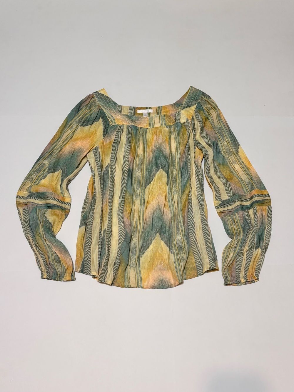LC Lauren Conrad Yellow and Green Square-Neck Pintuck Blouse
